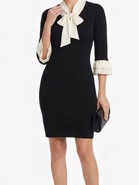 Hailey Lyn Black and White Bow-Detail Sheath Sweater Dress Small